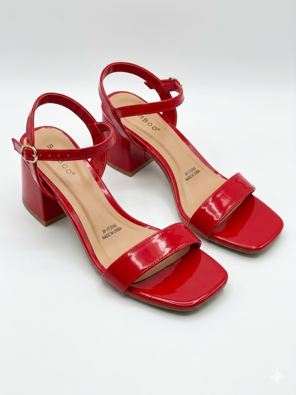 Red Patent Block Heel Sandals with Ankle Strap